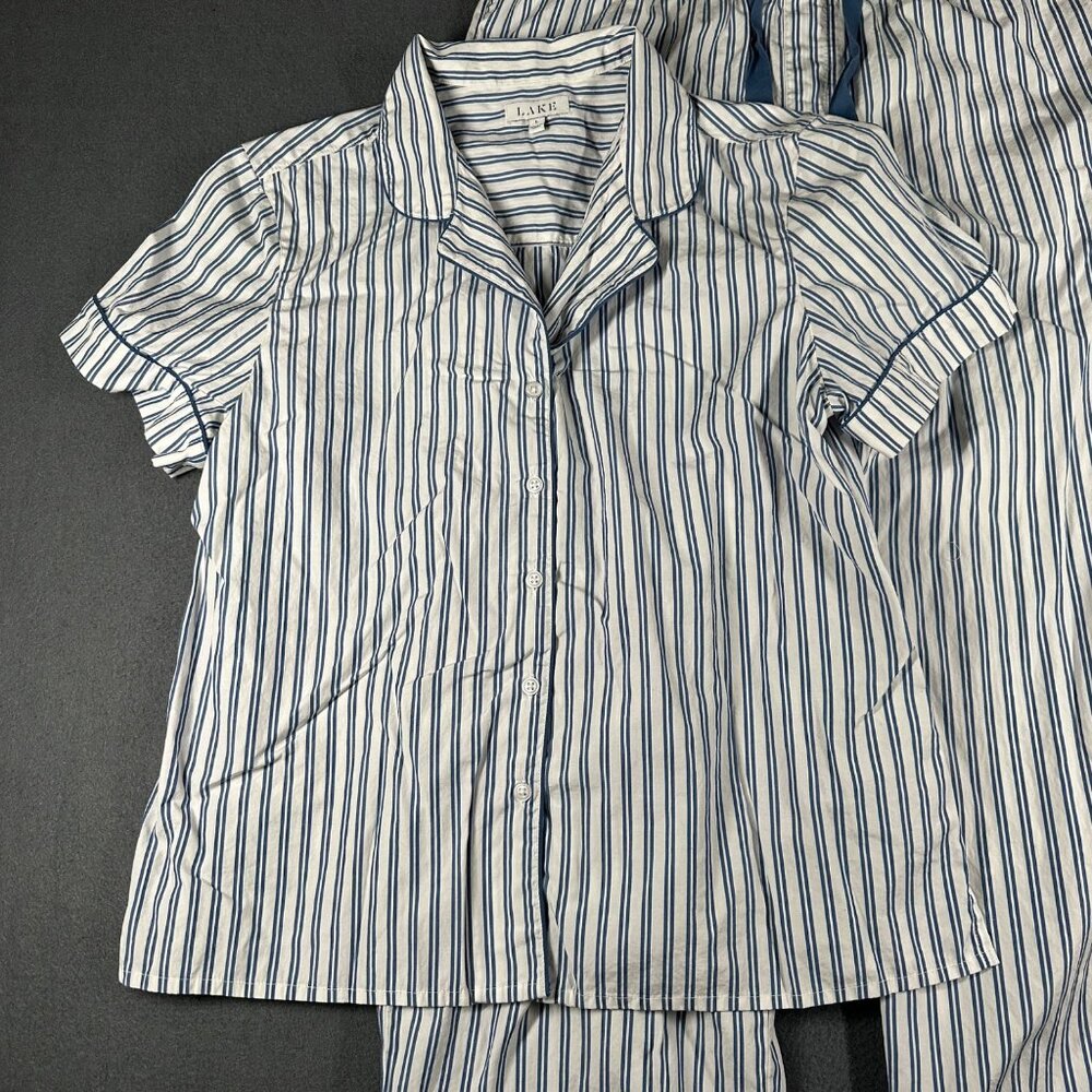 Lake L Poplin Chloe Pajama Set Seaport Shoreline Stripe Blue White 2 Pc Cotton - Picture 4 of 15
